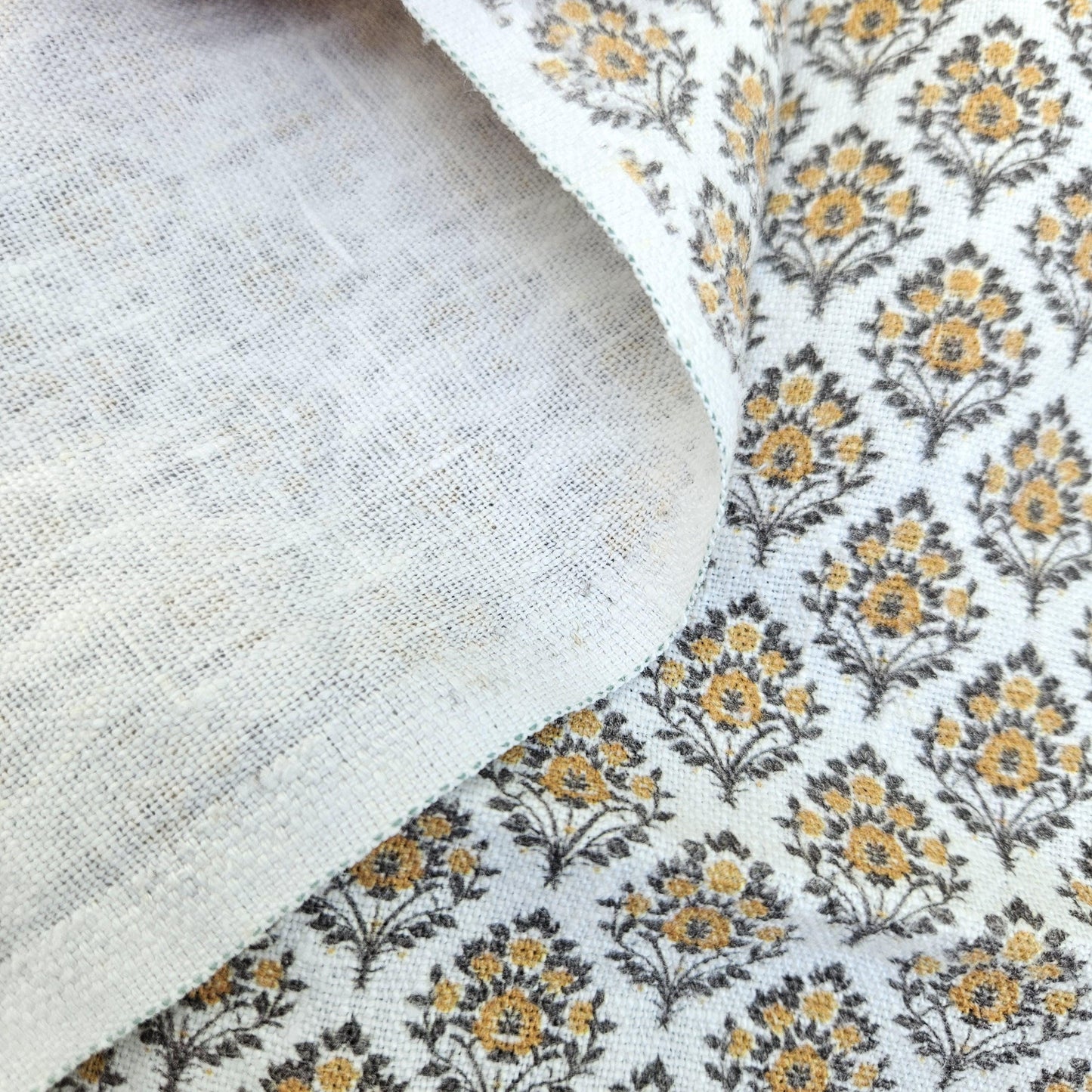 100% LINEN Fabric block print mustard brown yellow on white - heavy linen fabric upholstery home decor or medium for clothing 2513 Vadodara