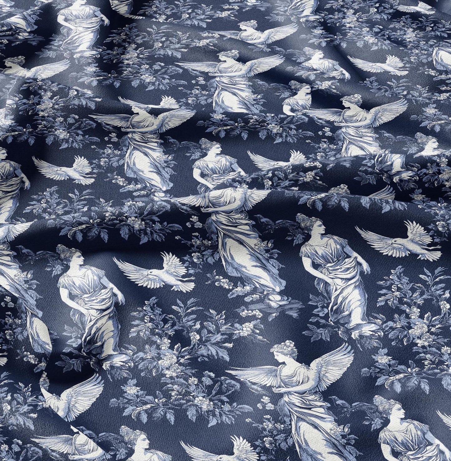 100% LINEN Fabric block print Greek Goddesses - white linen fabric with indigo blue print - heavy linen fabric for upholstery home decor