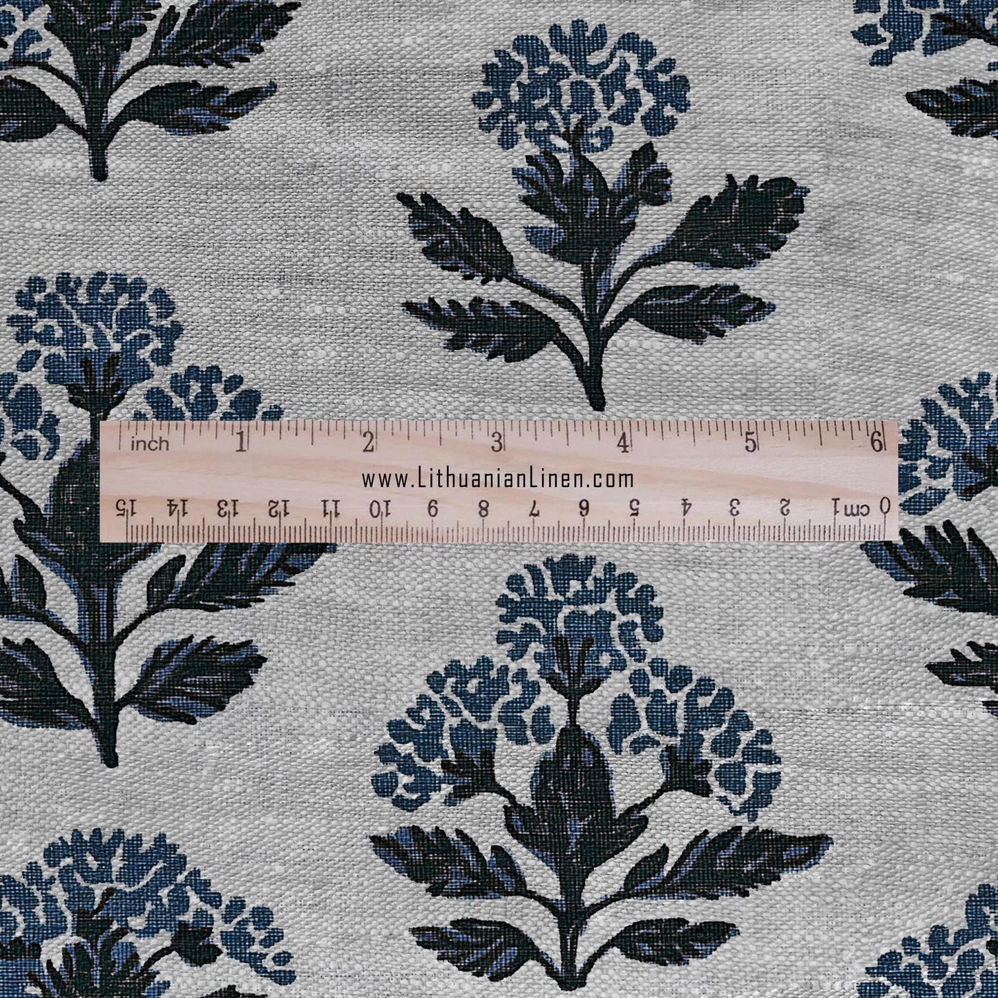 100% LINEN Fabric hand block print flowers - oatmeal linen fabric with blue green print Achillea - fabric for home decor upholstery