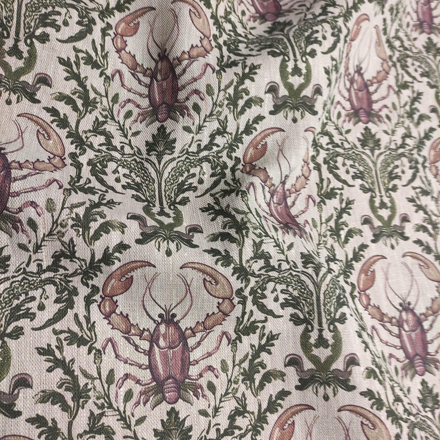 100% LINEN Fabric LOBSTER print, oatmeal linen fabric with green purple coastal print for upholstery home decor LOBSTER