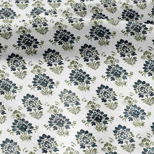 100% LINEN Fabric block print green petrol on white - floral print heavy linen fabric for upholstery home decor 2010