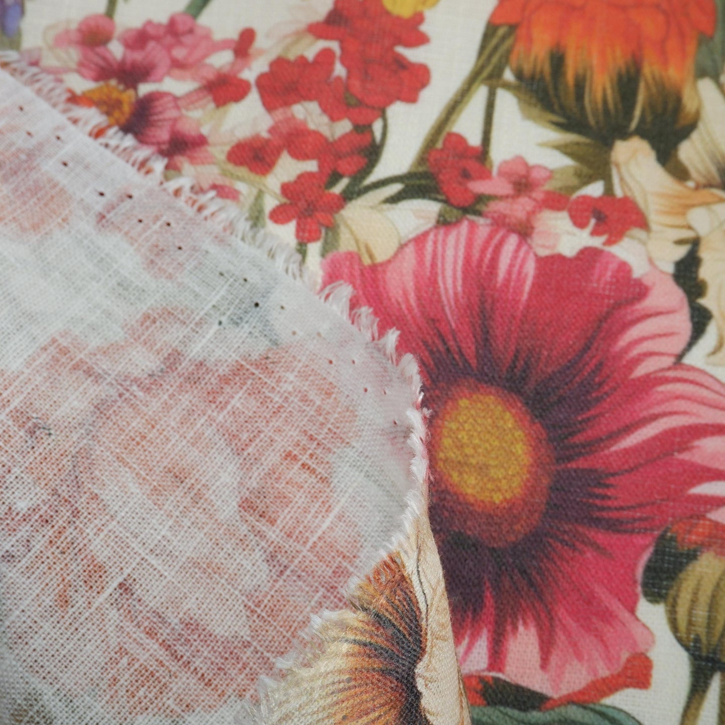 100% LINEN RED WILDFLOWERS floral print- white linen fabric with red poppies field print for upholstery home decor clothing