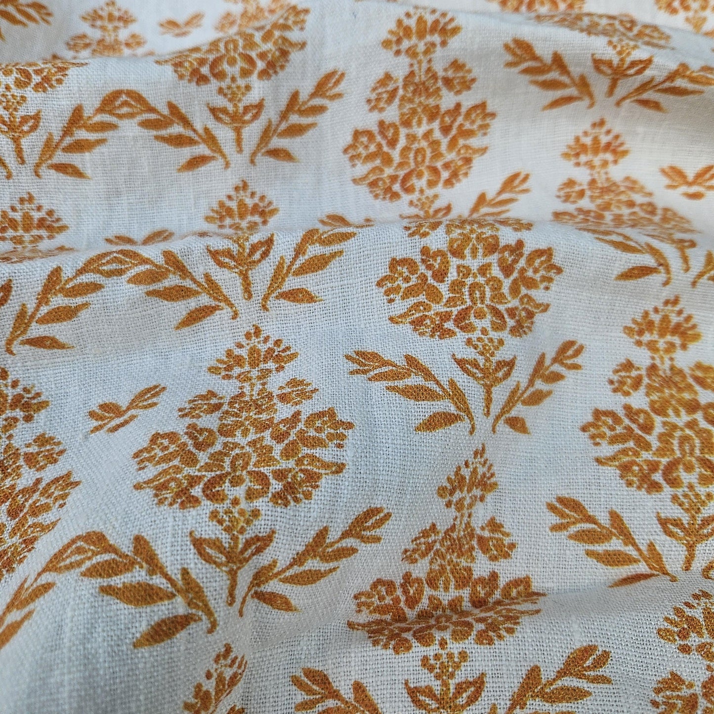 100% LINEN Fabric block print mustard yellow on white - heavy linen fabric for upholstery home decor or medium for clothing 2183