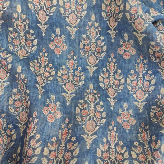 100% LINEN Fabric block print, oatmeal natur linen fabric with blue floral print, heavy linen fabric for upholstery home decor 322