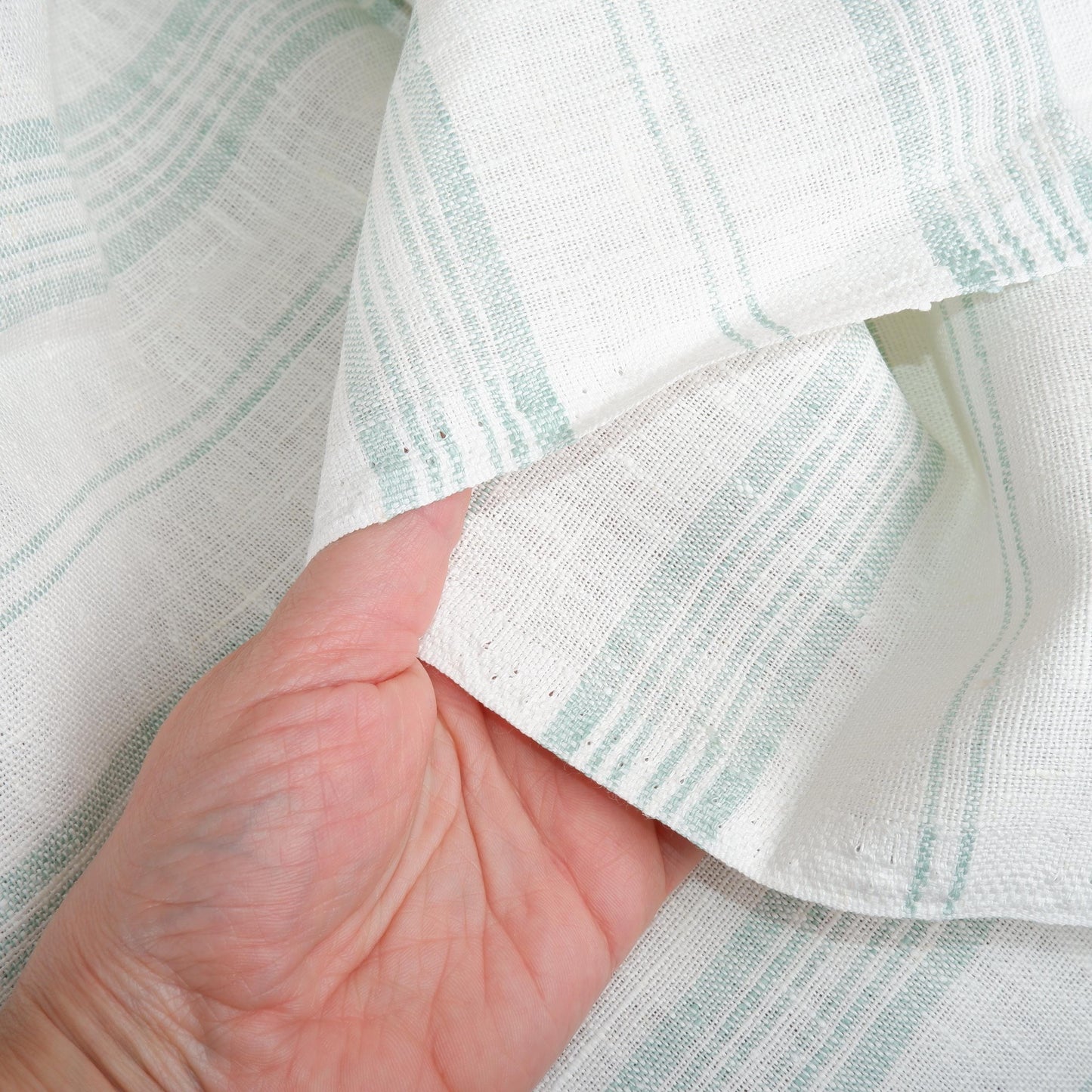 Premium Linen striped Fabric in green white | Heavy weight French country stripes in green white