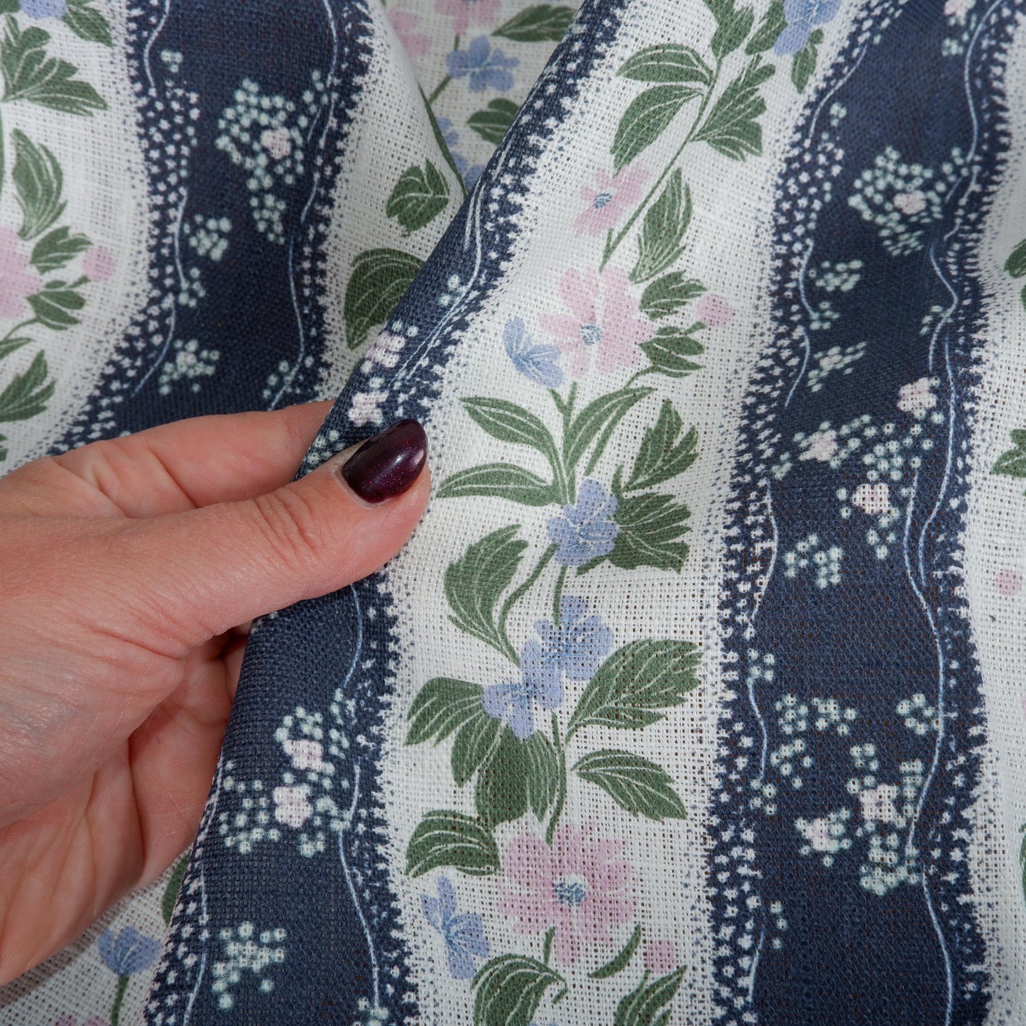 100% LINEN Fabric floral stripe print - mediterranean fabric print navy blue green pink Clematis - linen fabric upholstery dress making 2202