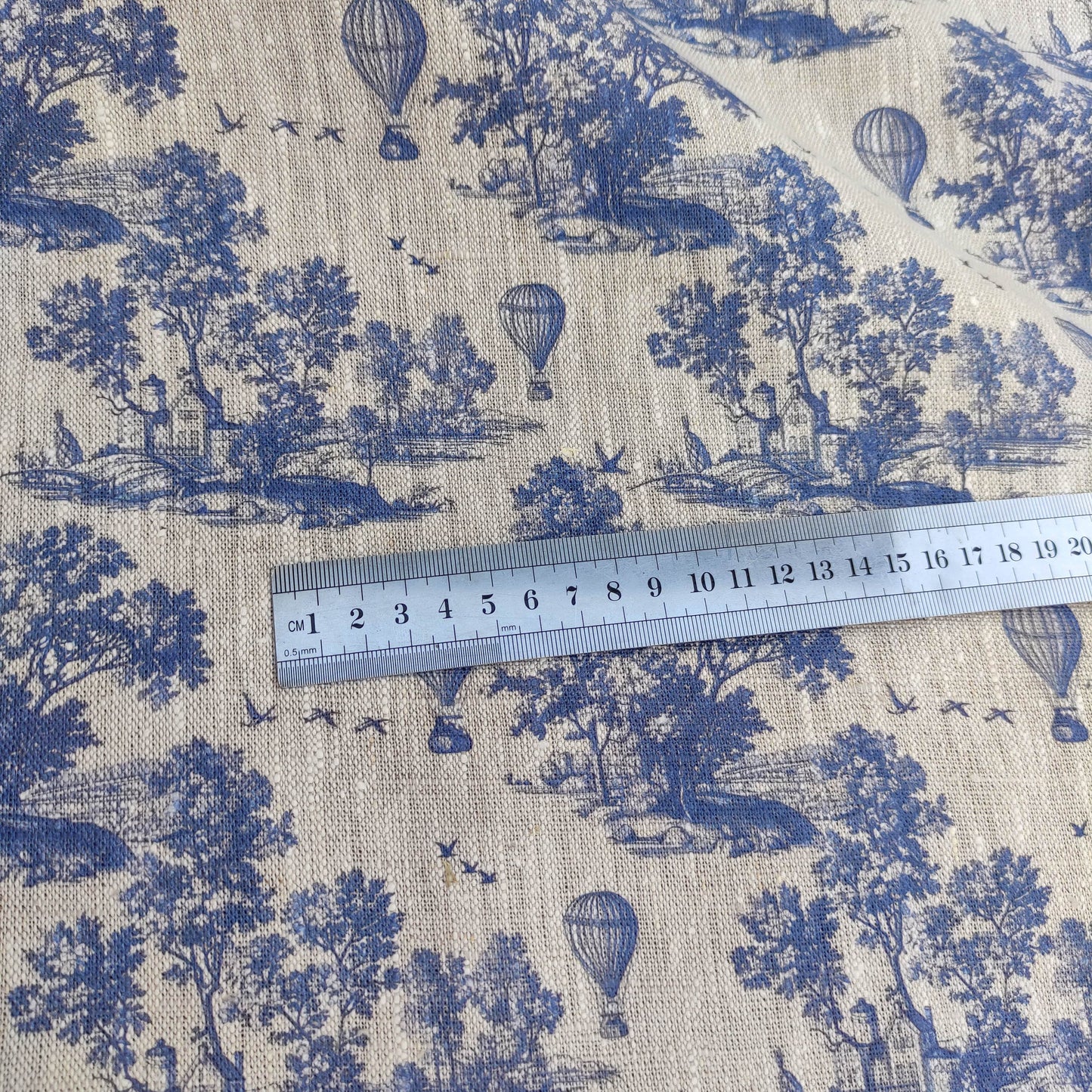 100% LINEN Fabric Toile de Jouy with air Balloon, oatmeal natur linen fabric with blue indigo print, coastal French linen fabric upholstery