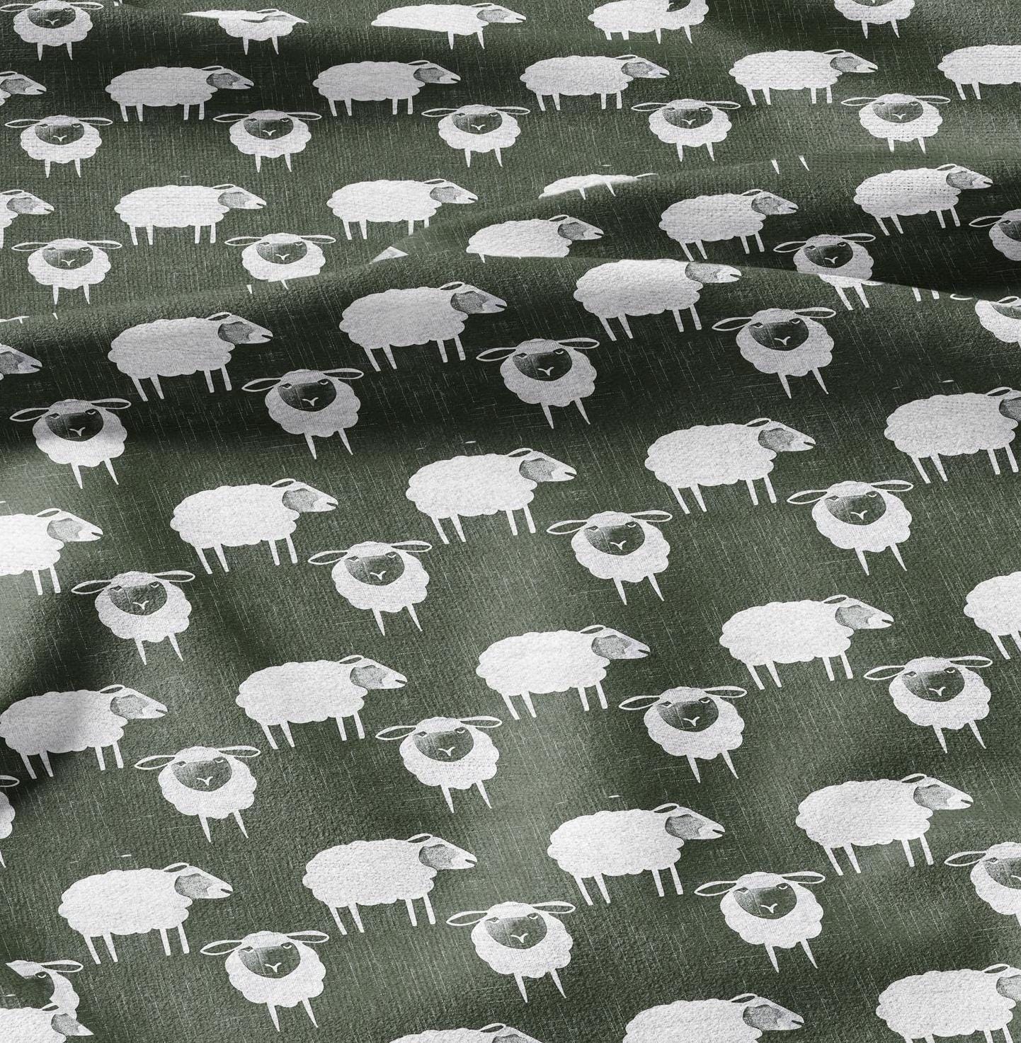 100% LINEN Fabric Sheep green white - white graphic fabric print - Scandinavian linen Modern Nursery fabric