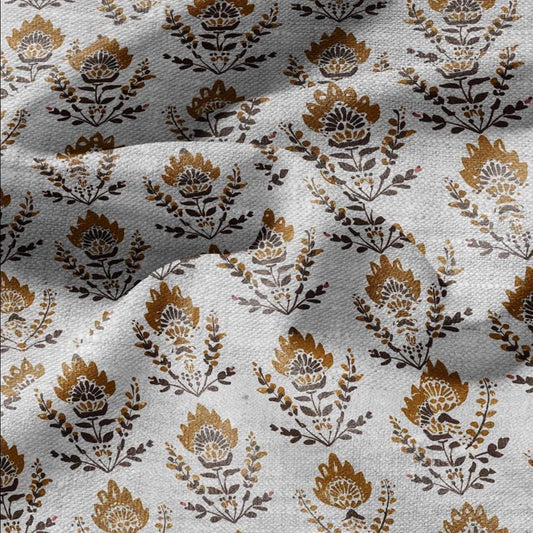 100% LINEN Fabric mustard yellow block print on oatmeal natur linen - floral French - heavy upholstery home decor - medium dress making 2373
