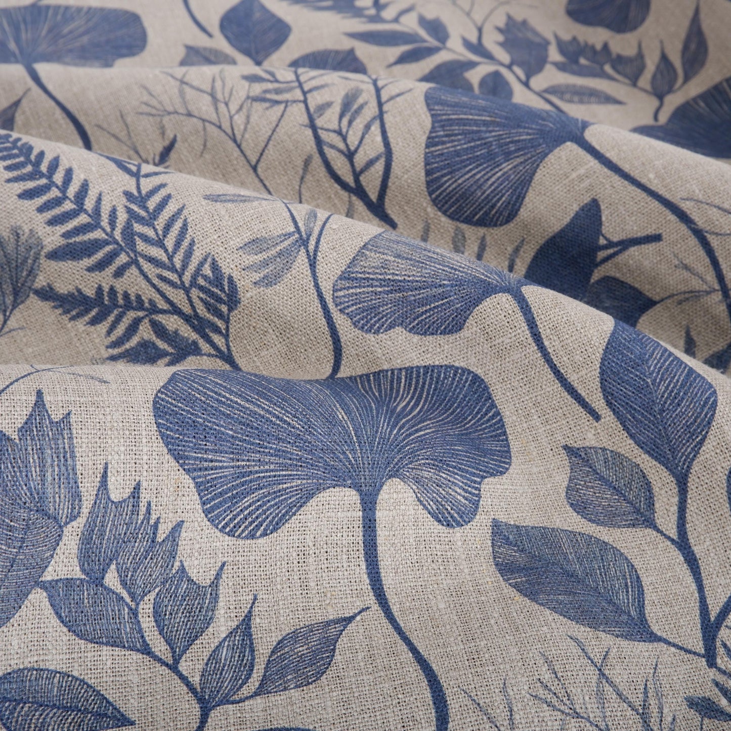 100% LINEN Fabric BLUE floral leaves print 2218
