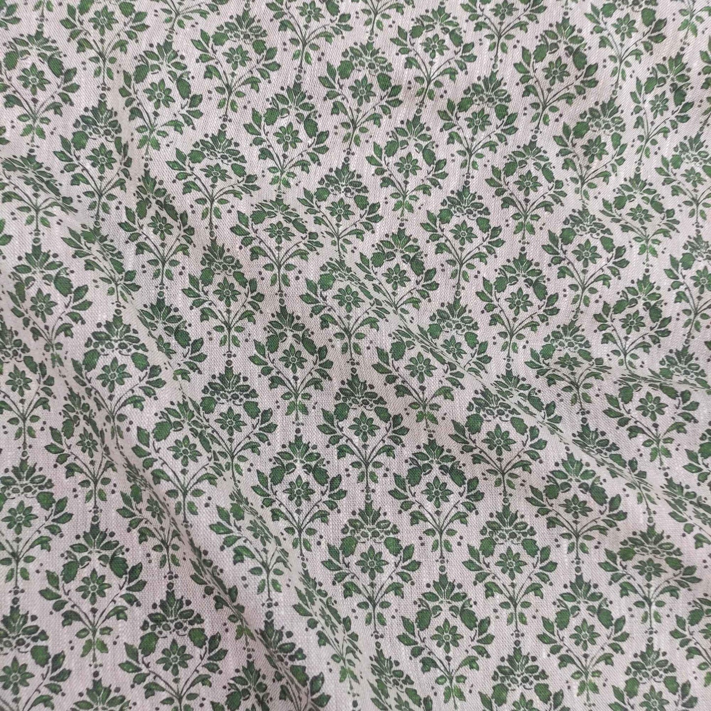 100% LINEN Fabric french green block print on oatmeal natur linen, upholstery linen fabric for home decor 340