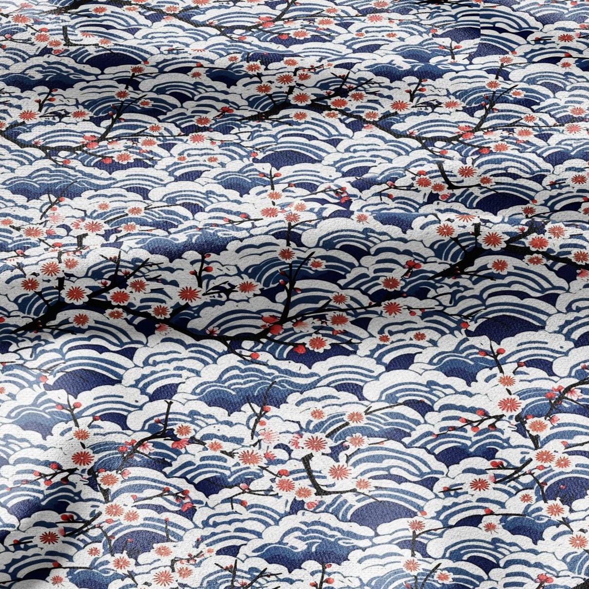100% LINEN Fabric block print Japanese Sakura sea - red blue indigo floral print - heavy upholstery home decor - medium for clothing 2597