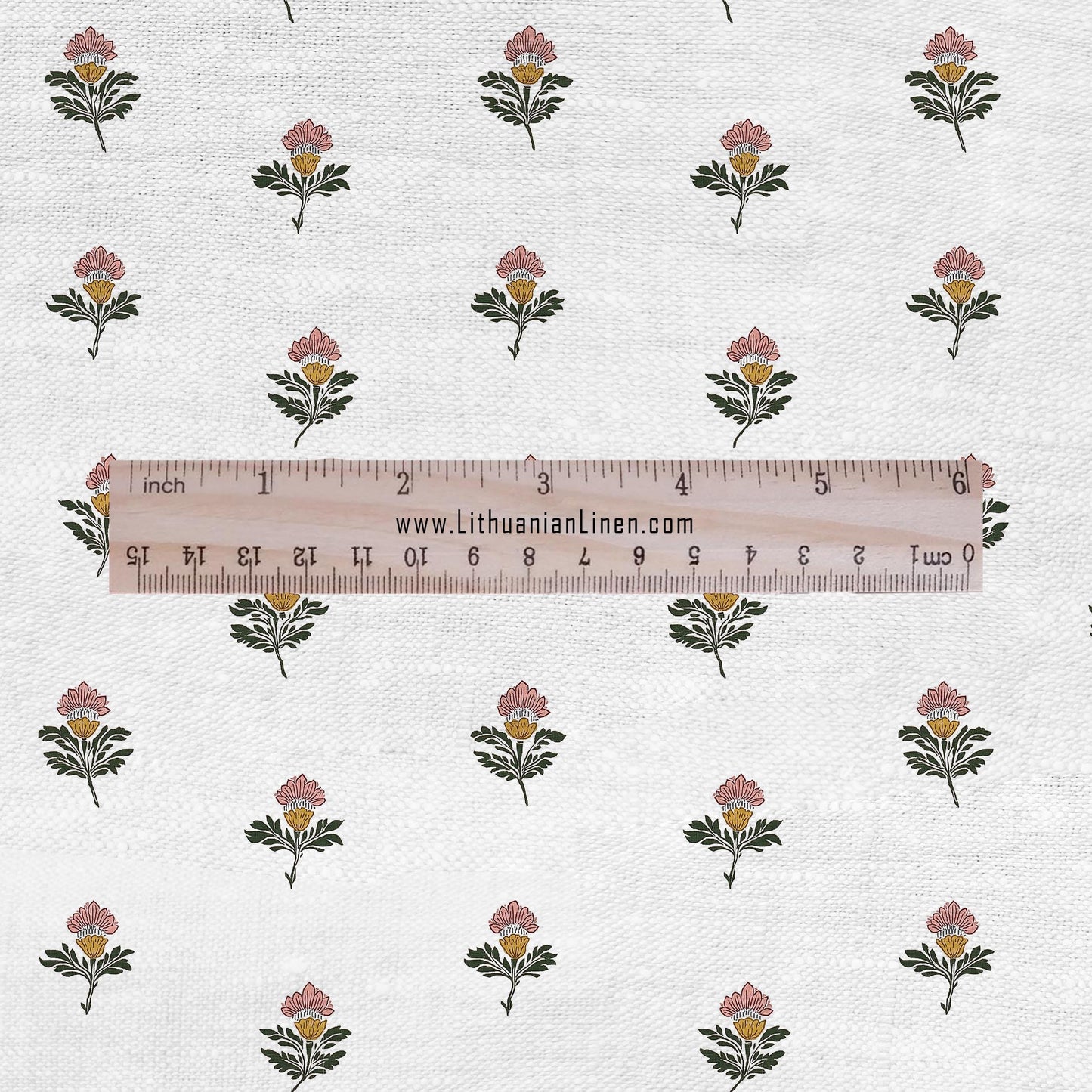 100% LINEN Fabric block print green red on white - linen fabric with floral print -heavy linen fabric for upholstery home decor