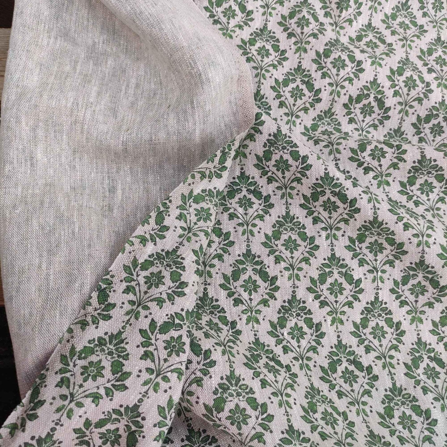 100% LINEN Fabric french green block print on oatmeal natur linen, upholstery linen fabric for home decor 340