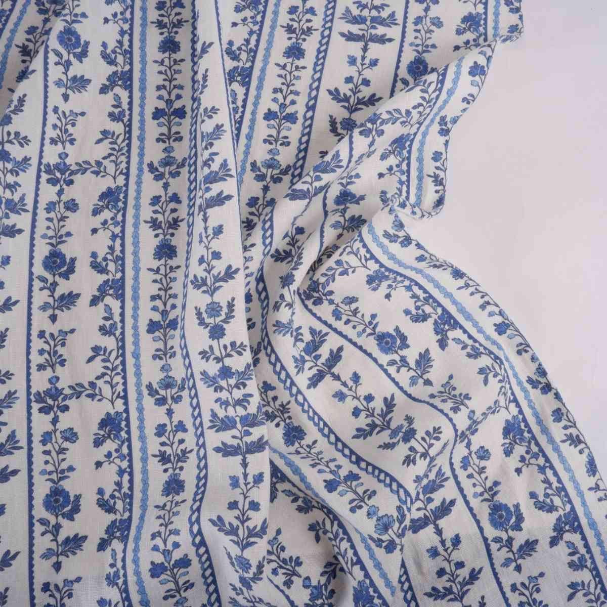 100% LINEN Fabric block print indigo blue white floral - scandinavian botanical fabric with floral print, indian block print on linen linen