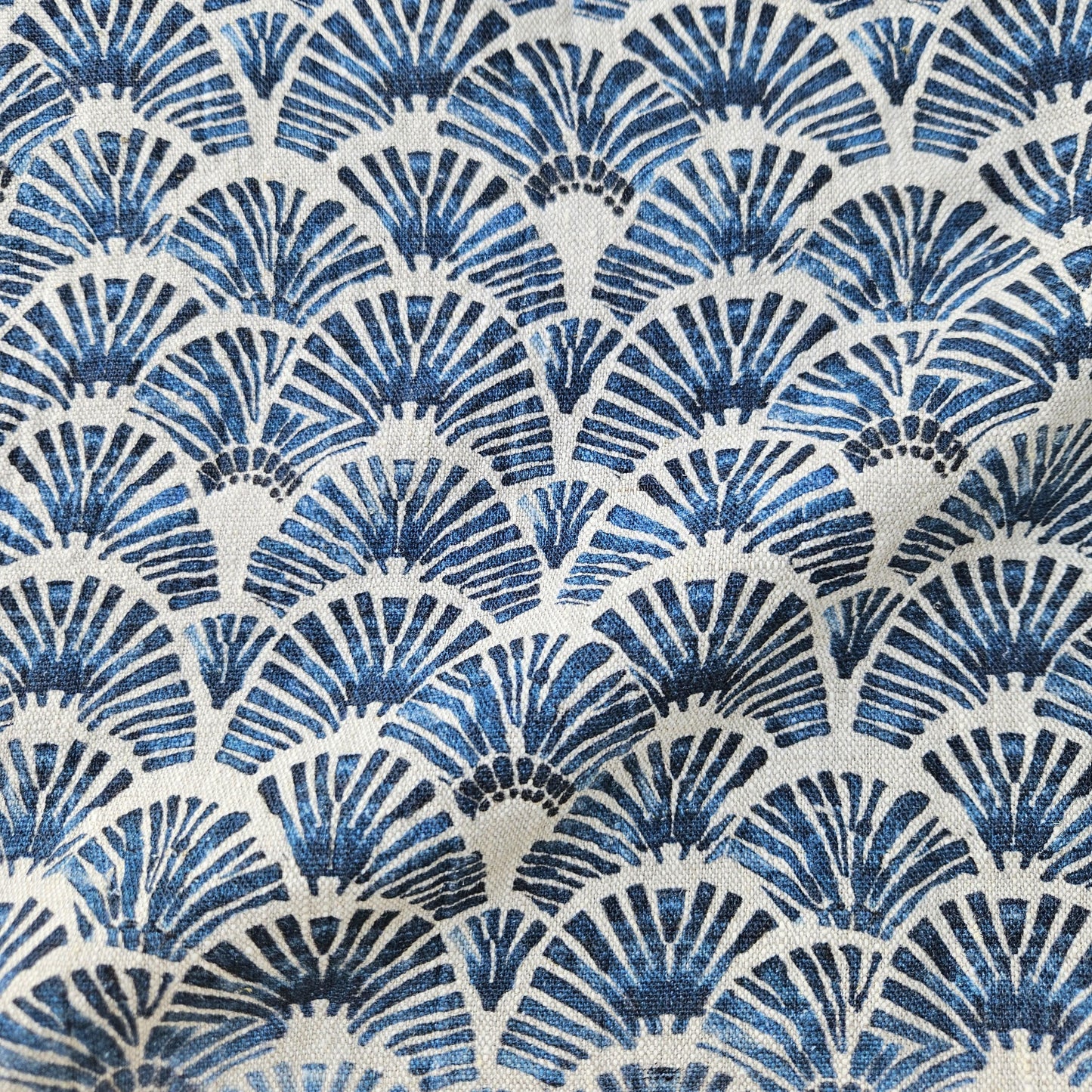 100% LINEN Fabric block print indigo blue white Japandi - Japanese fabric abstract fan print linen upholstery dressmaking sewing 2611