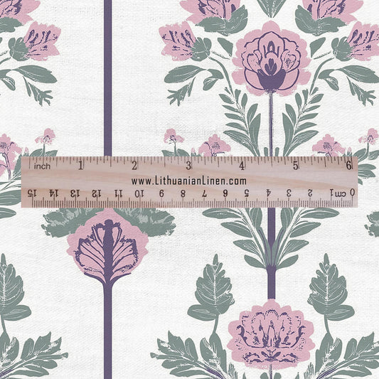 100% LINEN Fabric oriental print - preppy pink green white floral block print - upholstery home decor clothing sewing 2861