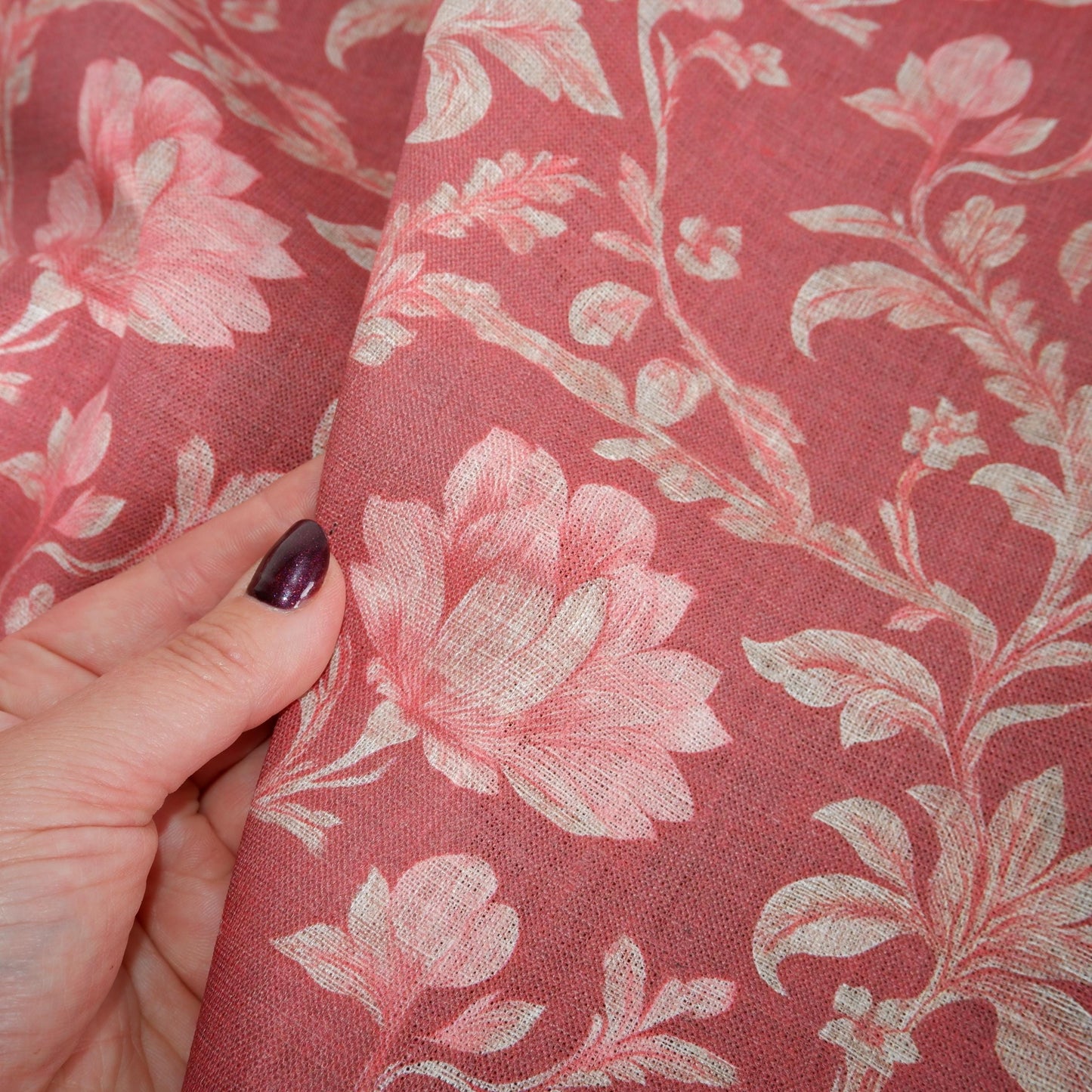100% LINEN Fabric red floral print on linen, botanical print fabric for upholstery home decor curtains pillows cushions