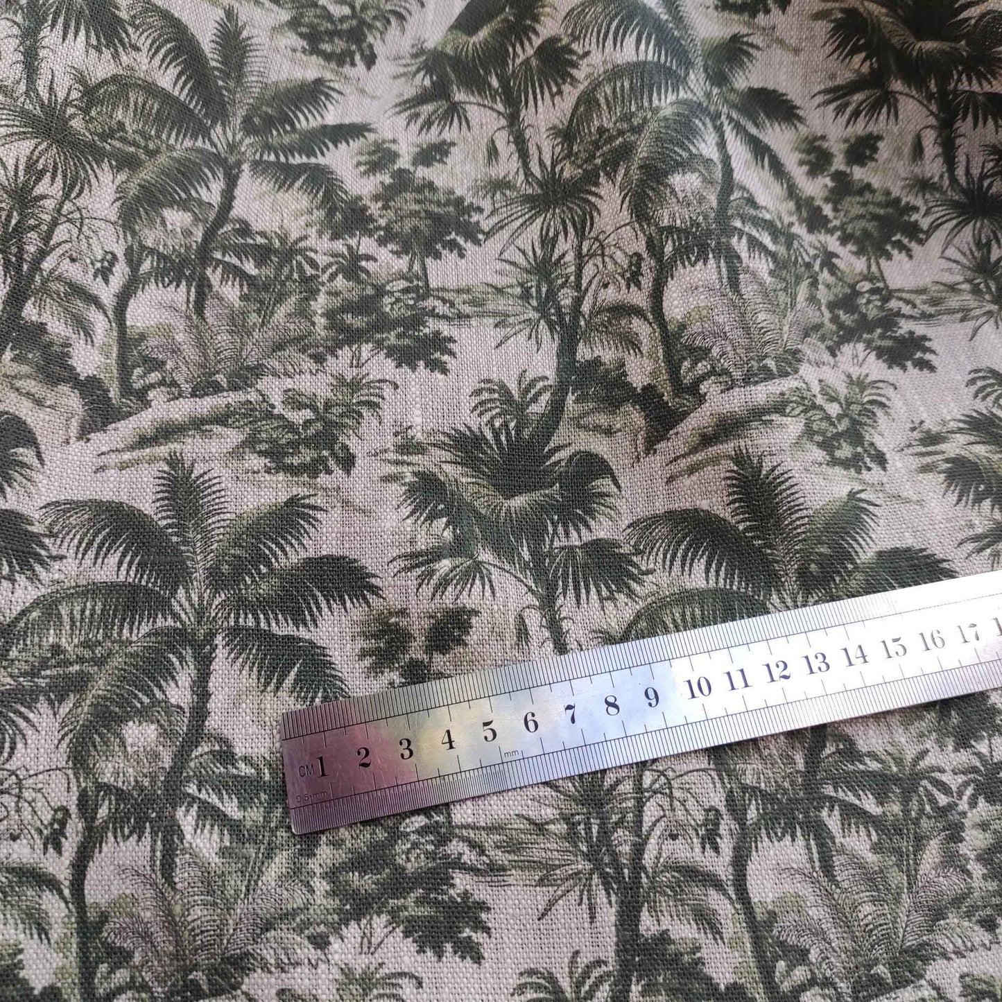 100% LINEN Fabric floral green palm trees print on oatmeal natur linen, linen botanical fabric for upholstery home decor