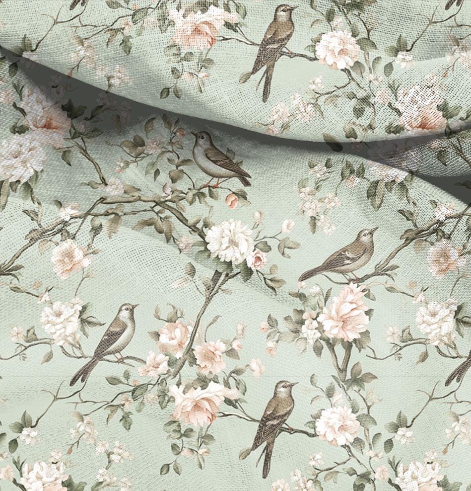 100% LINEN Fabric floral with birds print, heavy linen fabric with pale green print for upholstery home decor curtains pillowcases
