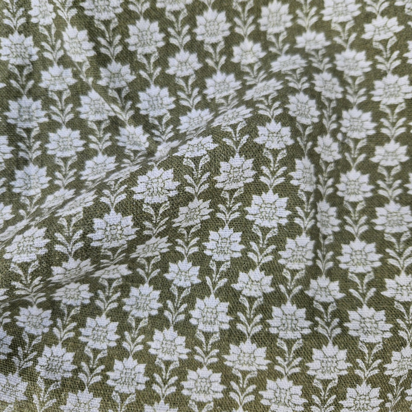 100% LINEN Fabric block print olive green on white - heavy linen fabric for upholstery home decor or medium for clothing 2512