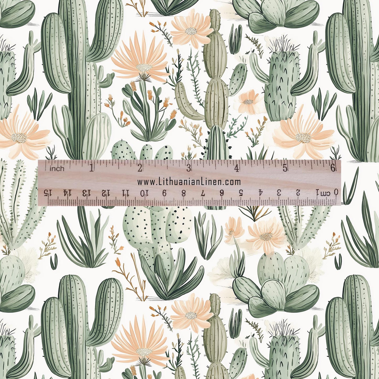 100% LINEN Fabric green Cactus - botanical flax fabric Greenery print upholstery dressmaking clothing - Tropical Desert fabric 2094