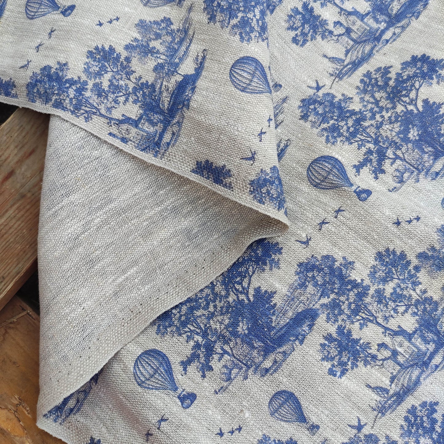 100% LINEN Fabric Toile de Jouy with air Balloon, oatmeal natur linen fabric with blue indigo print, coastal French linen fabric upholstery