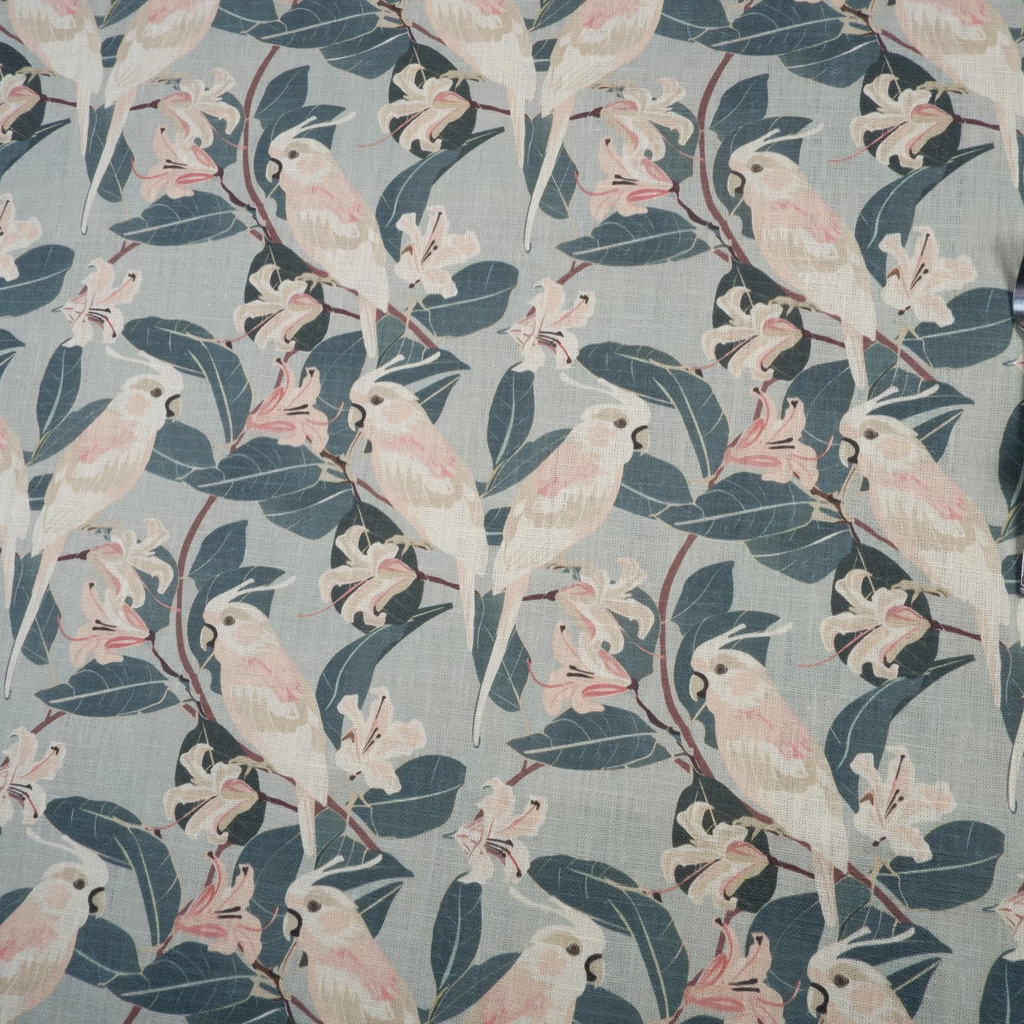 100% LINEN Fabric french blue block print on oatmeal natur linen, floral fabric with parrot French linen botanical upholstery clothing