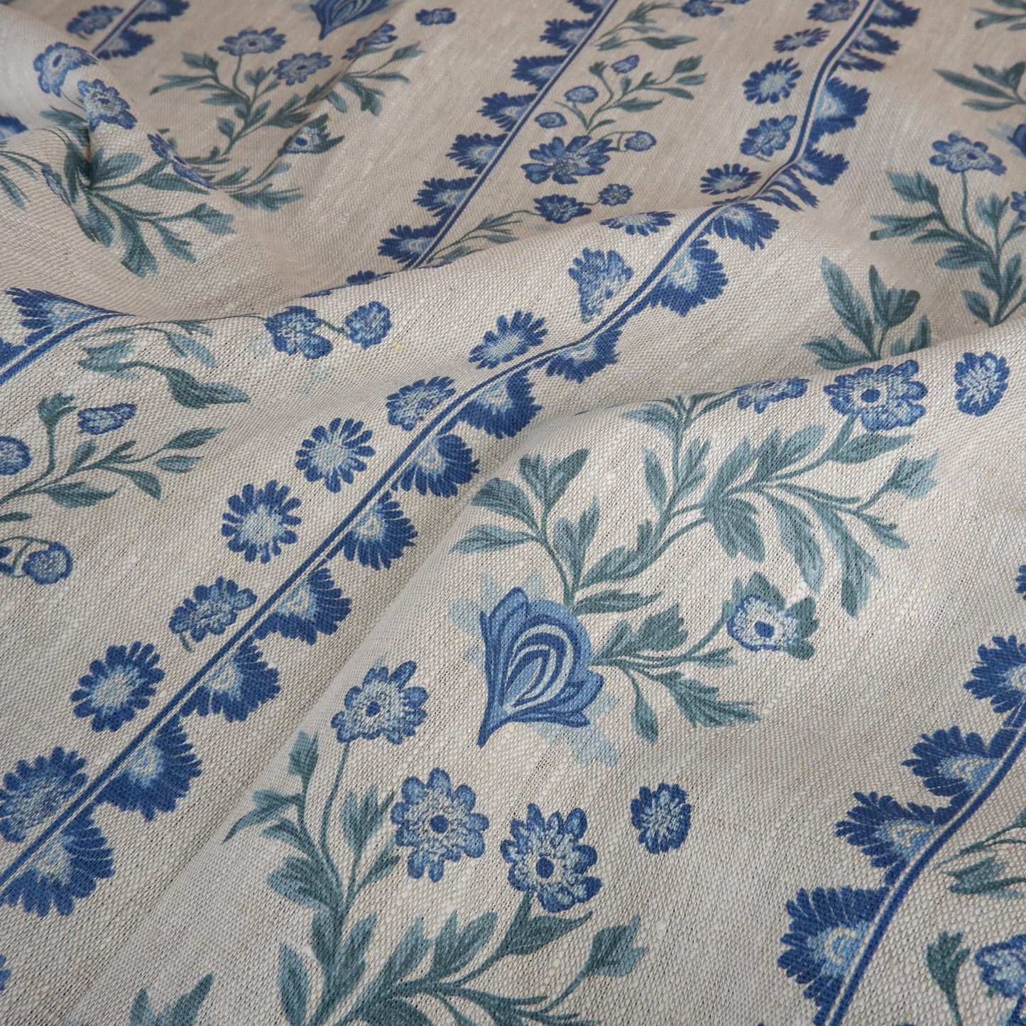 100% LINEN Fabric floral stripe print - oatmeal neutral fabric with blue green print - linen fabric upholstery home decor dressmaking 2153