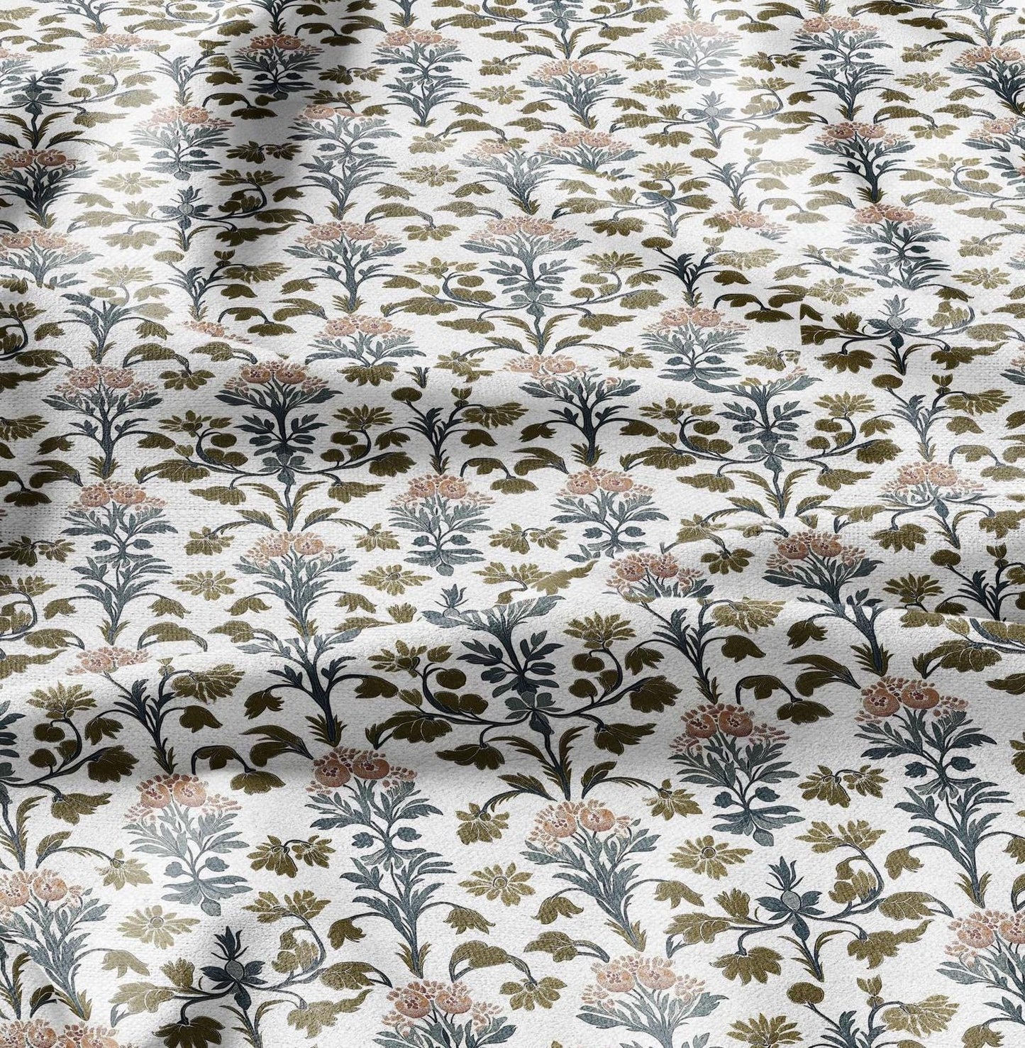 100% LINEN Fabric block print - linen fabric with blue red khaki white floral print - heavy linen fabric for upholstery home decor