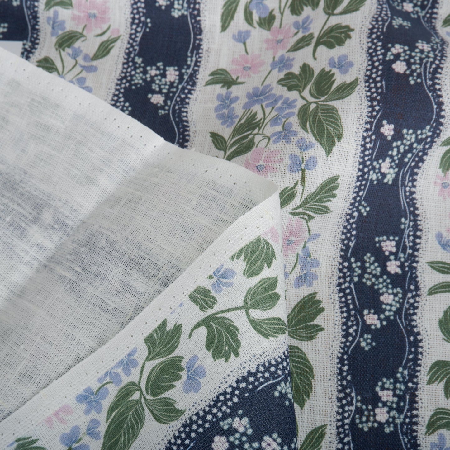 100% LINEN Fabric floral stripe print - mediterranean fabric print navy blue green pink Clematis - linen fabric upholstery dress making 2202