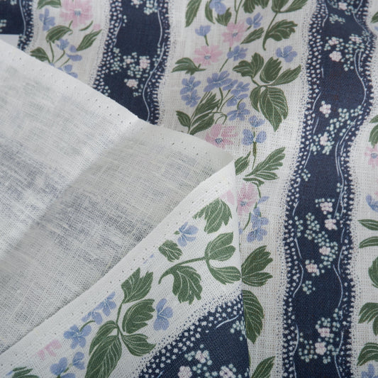 100% LINEN Fabric floral stripe print - mediterranean fabric print navy blue green pink Clematis - linen fabric upholstery dress making 2202