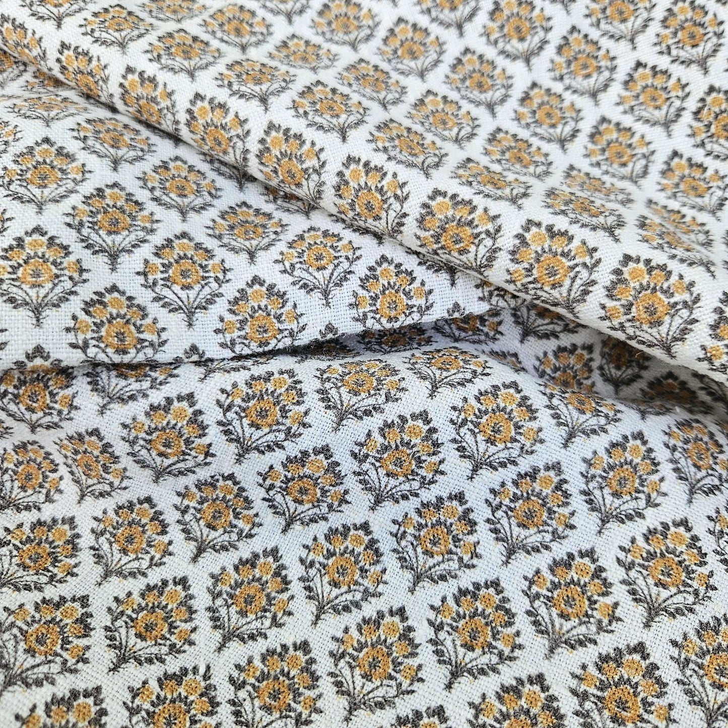 100% LINEN Fabric block print mustard brown yellow on white - heavy linen fabric upholstery home decor or medium for clothing 2513 Vadodara