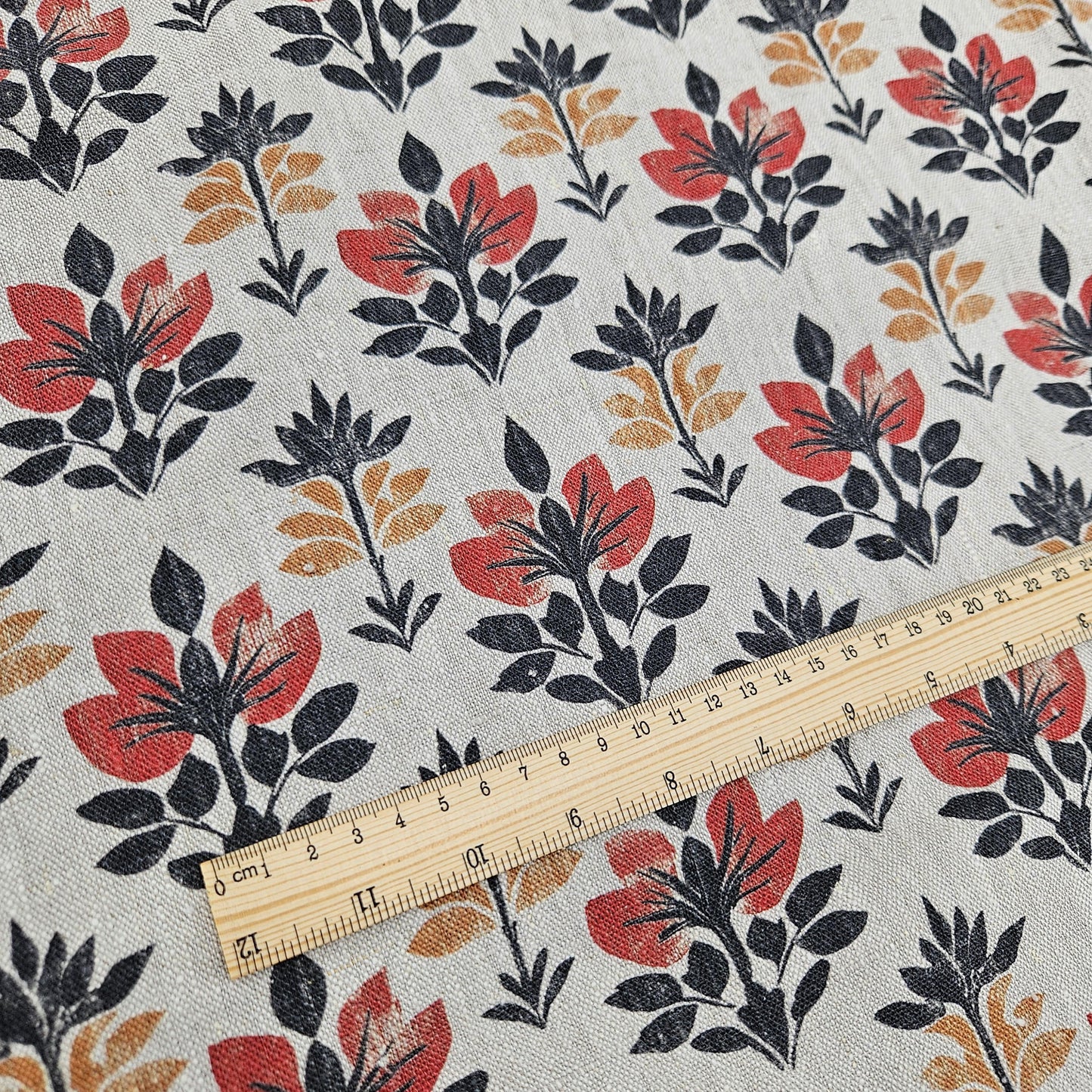 100% LINEN Fabric block print black red on grey | oatmeal linen fabric with floral print | linen fabric for upholstery home decor 2002