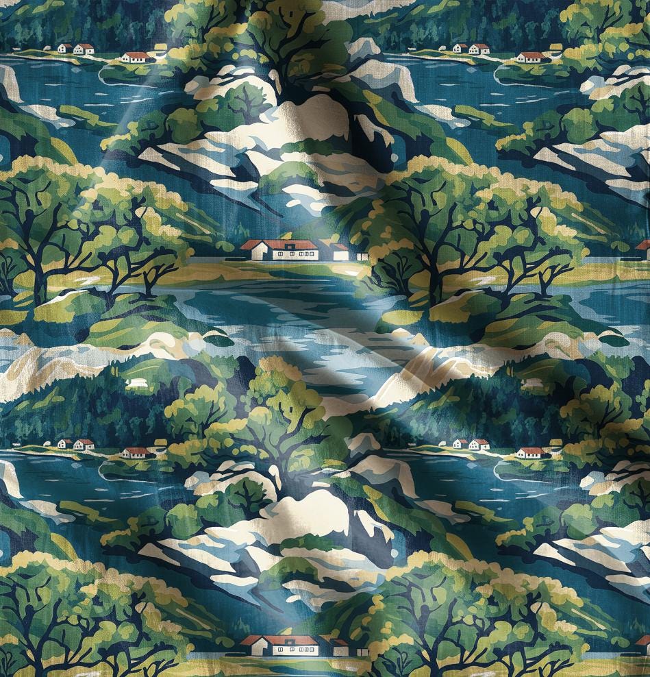 100% LINEN Fabric Swedish archipelago scenery, linen fabric with blue green print, heavy linen fabric for upholstery home decor tablecloth