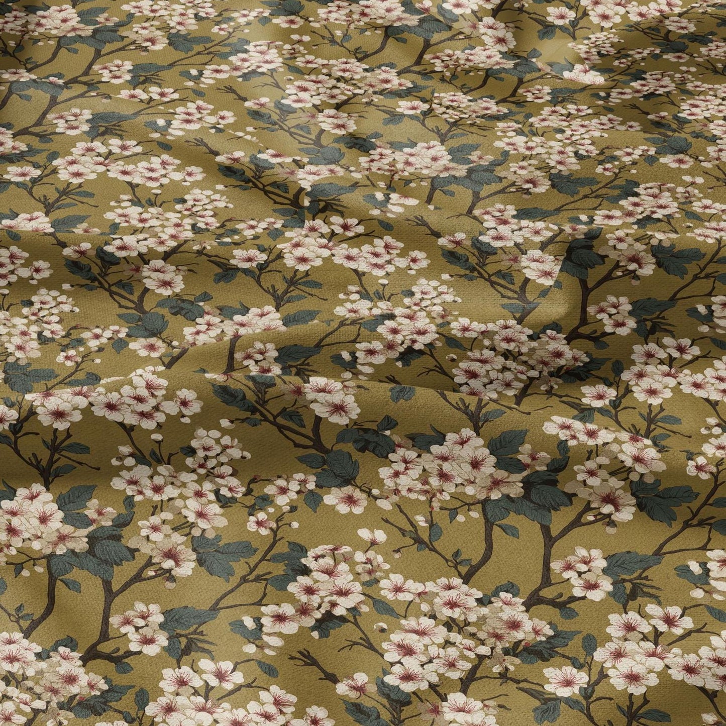 100% LINEN Fabric English flower print - mustard yellow beige floral print on white - heavy linen fabric for upholstery home decor 2612