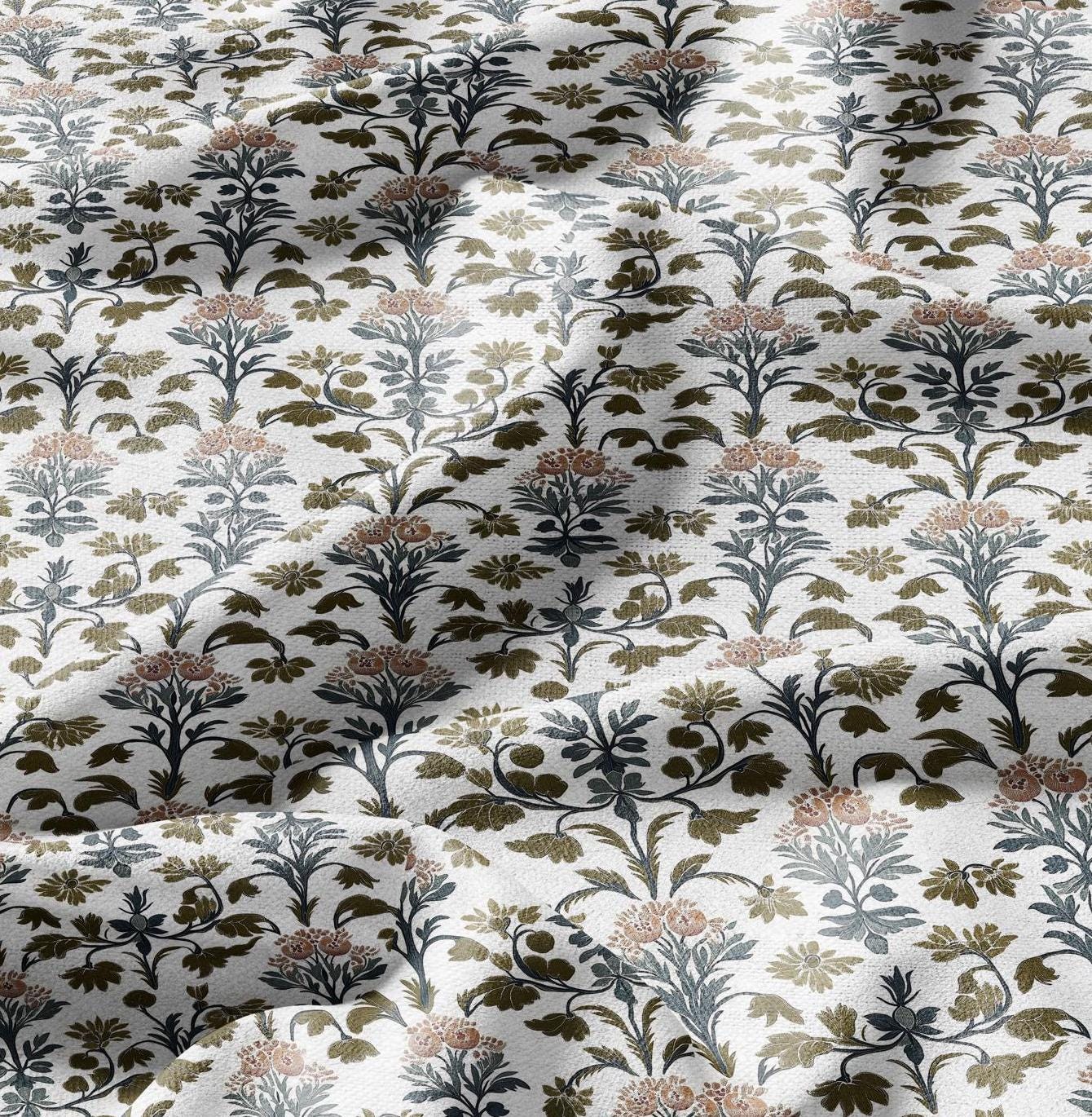 100% LINEN Fabric block print - linen fabric with blue red khaki white floral print - heavy linen fabric for upholstery home decor