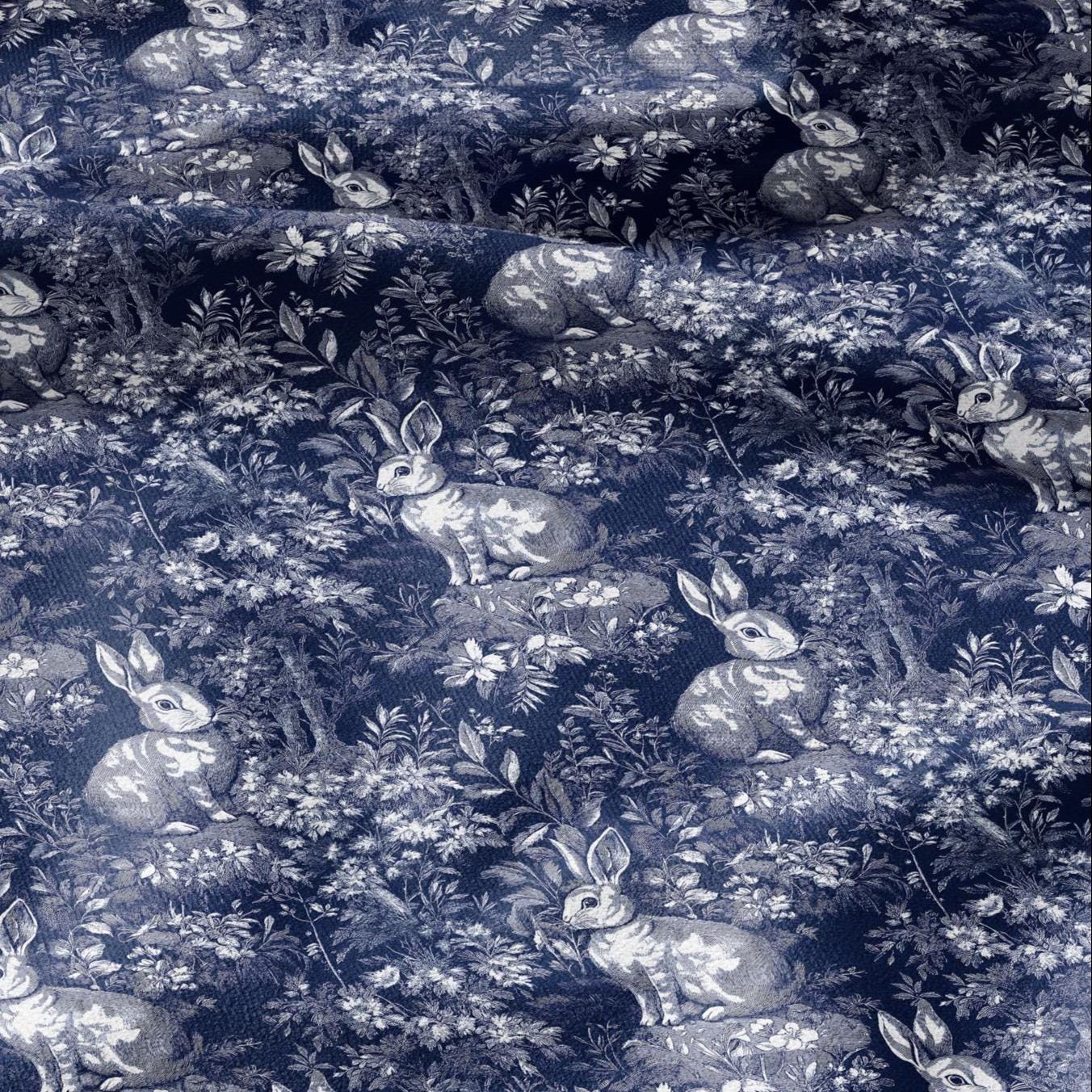 100% LINEN Fabric Toile de Jouy Rabbit - indigo blue botanical fabric - French linen floral for upholstery dress making cushion curtains