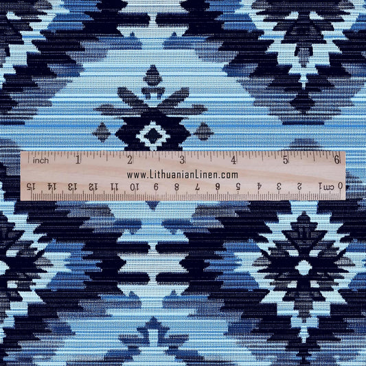 100% LINEN Fabric Ikat blue print - Modern vintage floral for upholstery dressmaking curtains home textile 2367