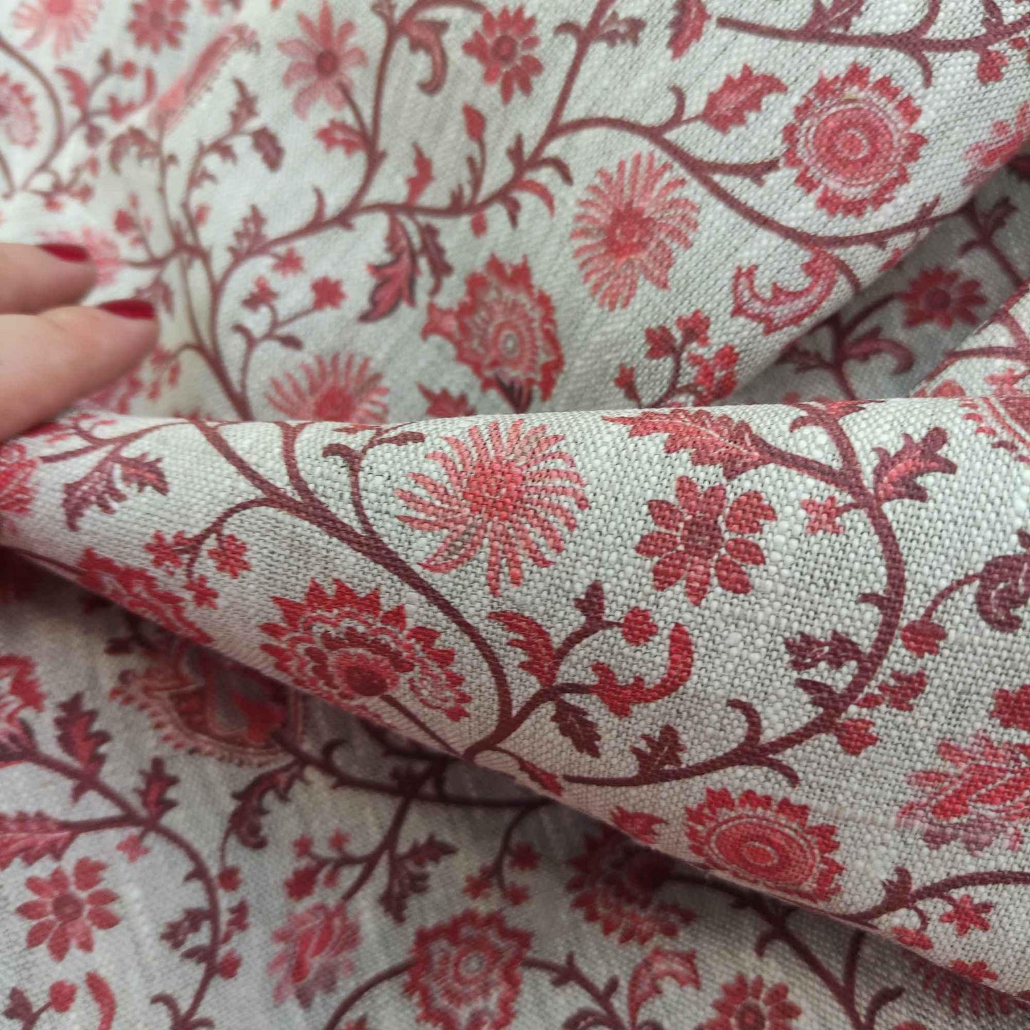 100% LINEN Fabric Toile de Jouy Paisley flowers, oatmeal natur linen fabric with red print, French linen fabric upholstery