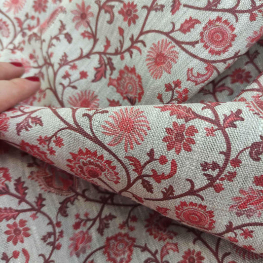 100% LINEN Fabric Toile de Jouy Paisley flowers, oatmeal natur linen fabric with red print, French linen fabric upholstery 314