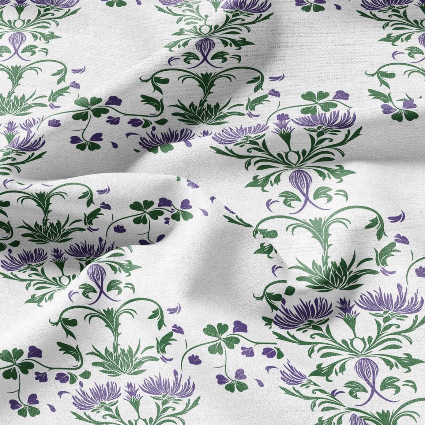 100% LINEN Fabric block print purple green white Thistle - Scandinavian floral print - heavy for upholstery medium for dressmaking 2004