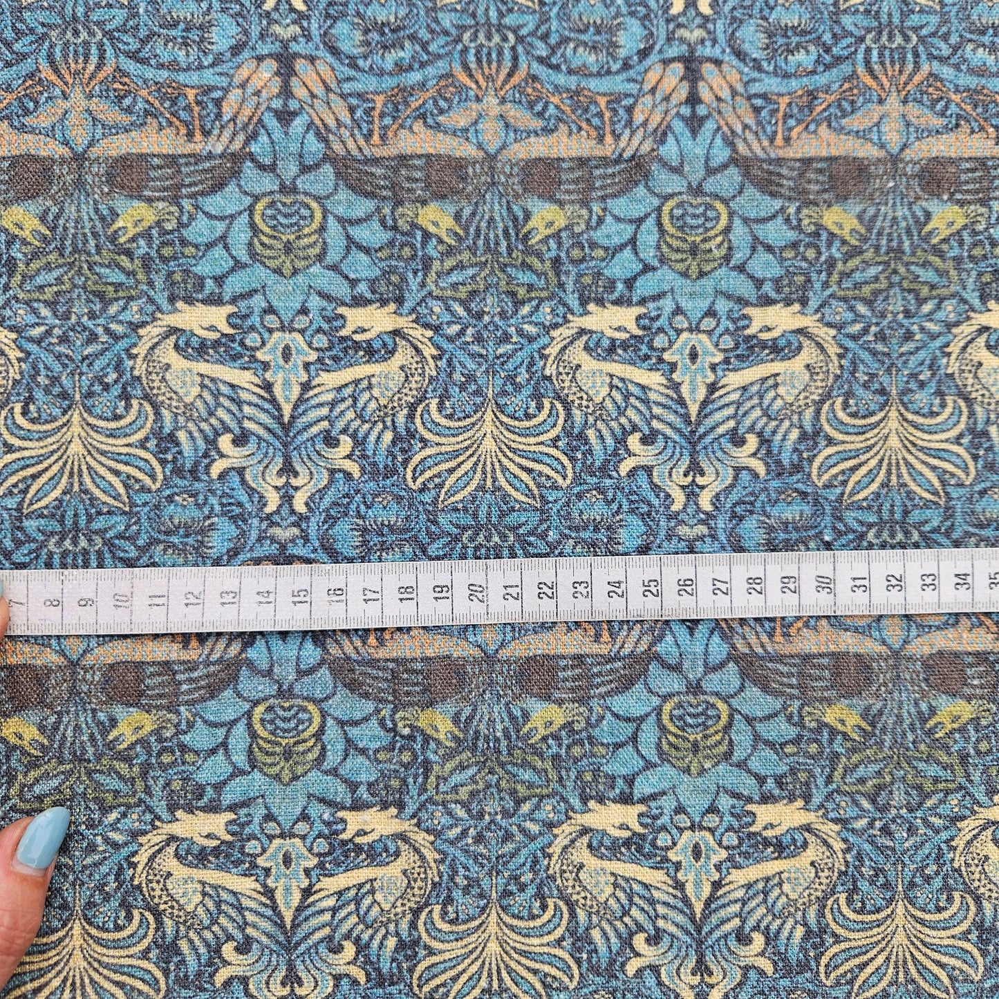 William Morris Dragon and peacock print on 100% LINEN, Victorian Art and crafts linen Fabric, Linen fabric botanical Historical pattern