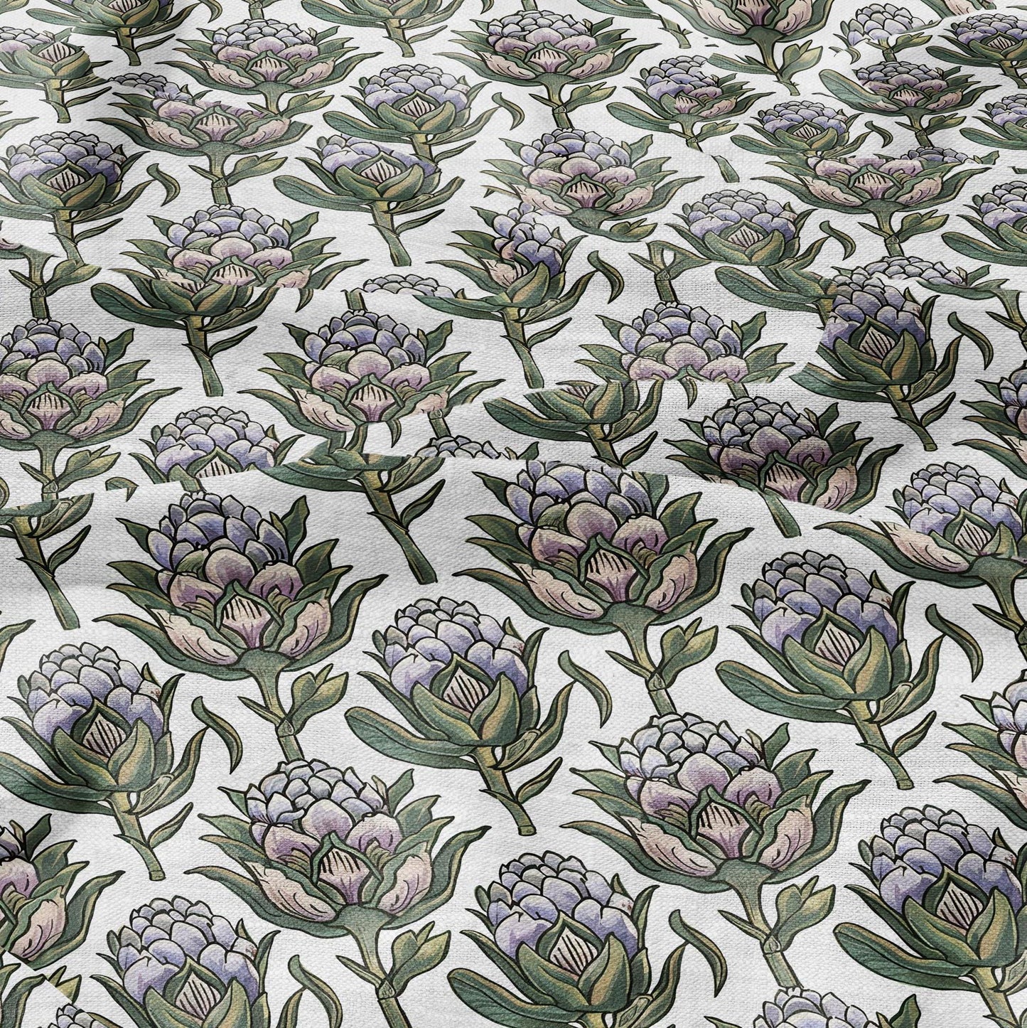 100% LINEN Fabric block print Artichoke - oatmeal natur linen fabric with blue floral print - heavy linen fabric for upholstery home decor