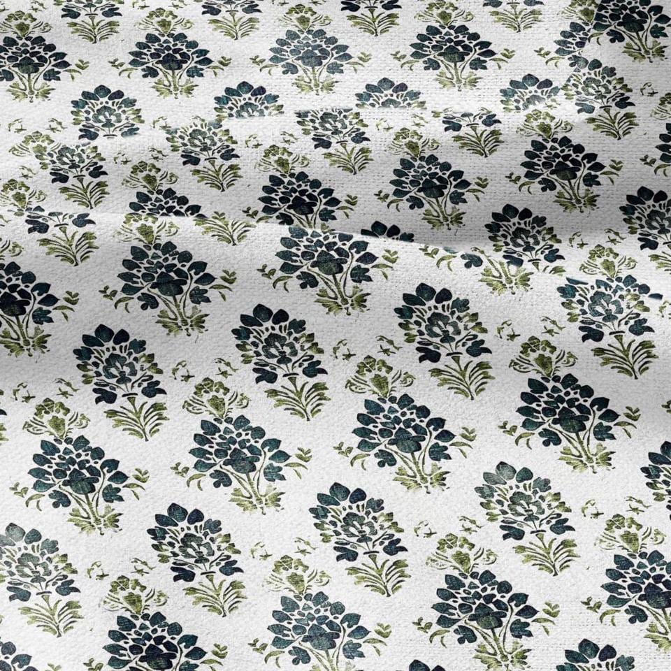 100% LINEN Fabric block print green petrol on white - floral print heavy linen fabric for upholstery home decor 2010