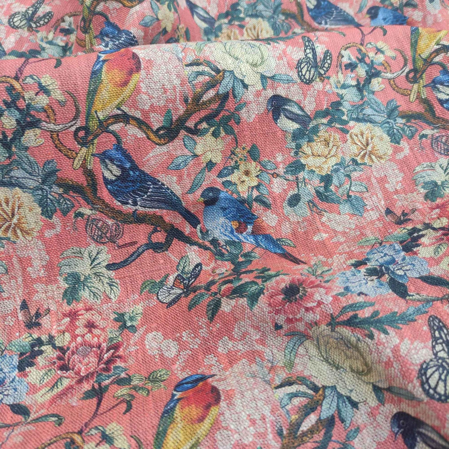 100% LINEN Fabric Toile de Jouy with flowers and birds, pink botanical print linen fabric for home decor upholstery