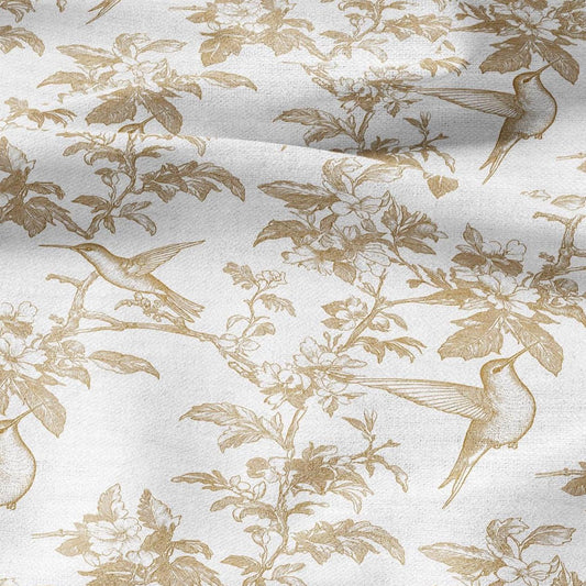 100% LINEN Fabric beige hummingbird print on white linen - floral botanical French Provence style - linen upholstery sewing dress 2040