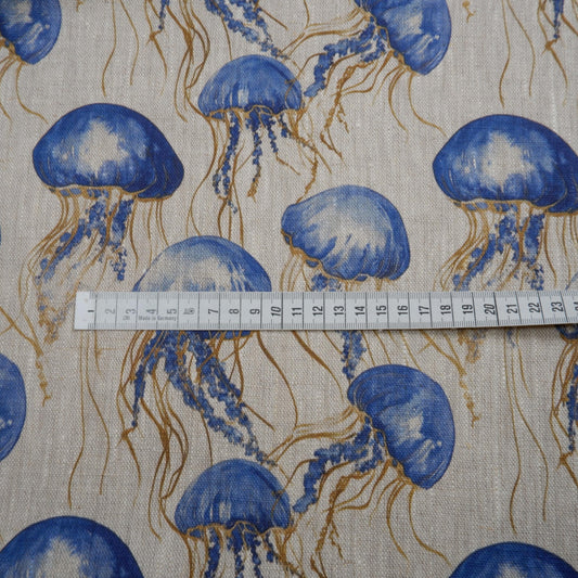 100% LINEN Fabric Jellyfish print, oatmeal linen fabric with blue grey coastal print for upholstery home decor Nautical Marine