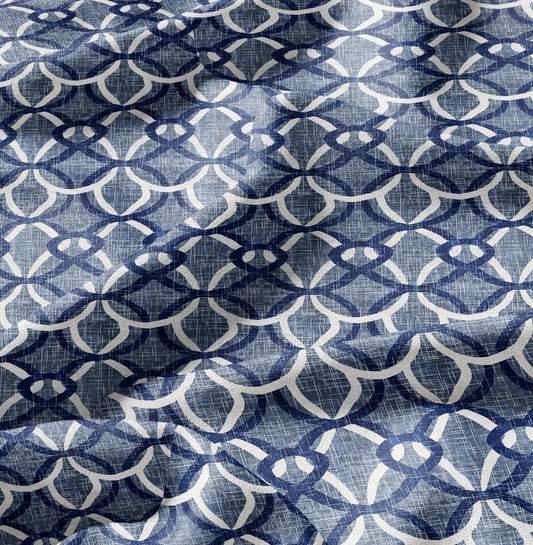 100% LINEN Fabric  Abstract indigo blue Ropes - Oriental blue print on linen fabric for upholstery curtains dress making Knot
