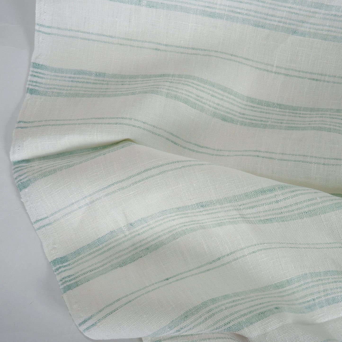 Premium Linen striped Fabric in green white | Heavy weight French country stripes in green white